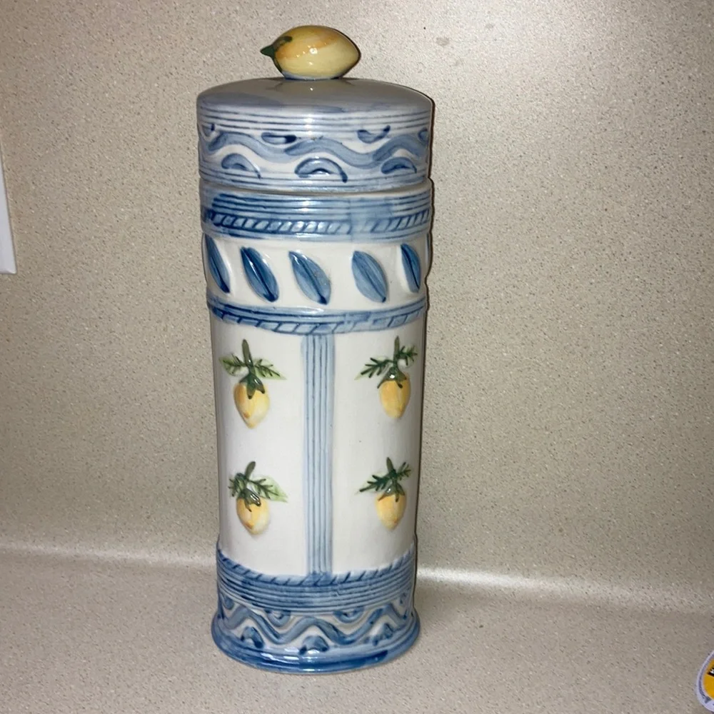 Decorative Ceramic Lemon Canister - Blue and Yellow